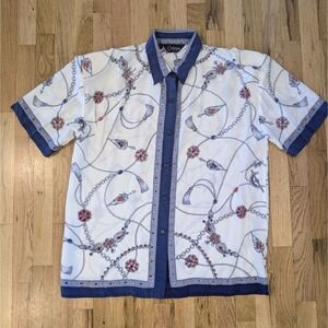 Vintage Chemise ET CIE 100% Silk Blouse Women's Large Cream Nautical Print RARE